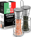 Benicci Salt & Pepper Grinder Set – 2 Tall 6 Oz Glass - 180 ml Spice and Sea Salt Shakers With BONUS Stand - Adjustable Coarseness Mills