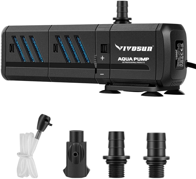 VIVOSUN 800GPH Submersible Pump(3000L/H, 24W), Ultra Quiet Water Pump with 10ft High Lift, Fountain Pump with 5ft Power Cord, 3 Nozzles for Fish Tank, Pond, Aquarium, Statuary, Hydroponics