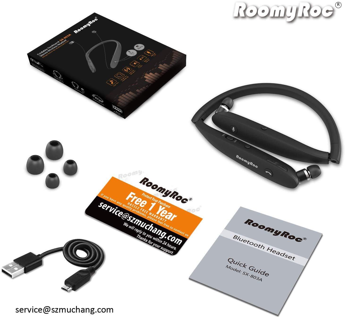 Bluetooth Headphones, RoomyRoc Wireless Neckband Headset Evoking Siri & Bixby with Retractable Earbuds, Sports Sweat-Proof Noise Cancelling Foldable Stereo Earphones with Mic (Black)