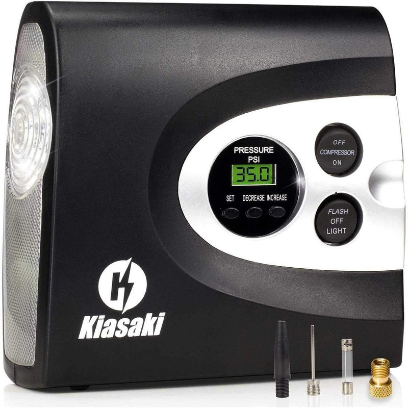 Kiasaki ONE Day Sale Digital Tire Inflator for Car W/Pressure Gauge - Portable Air Compressor - Electric Auto Pump | Easy to Store - Auto Shut Off - 12V DC - 3 Attachments – Bonus Carrying Case