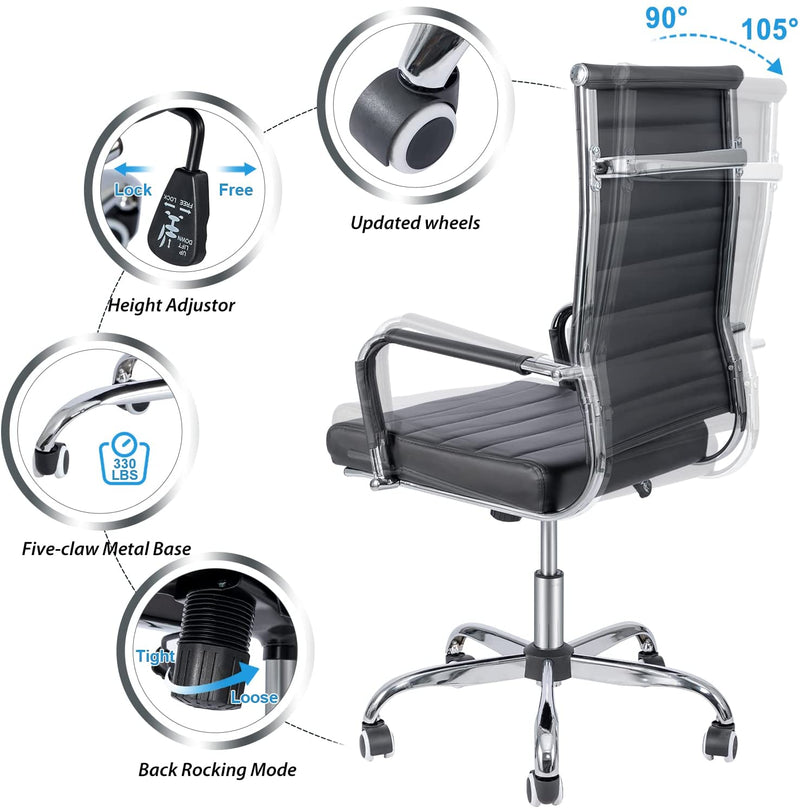 LUCKWIND Office Chair Desk Computer Ribbed Modern - Adjustable Height Ergonomic Leather Tilt Arm Sleeves Lumbar Support High Back Executive Meeting Conference Chrome Wheel Caster 350lbs Cushioned Big(White)