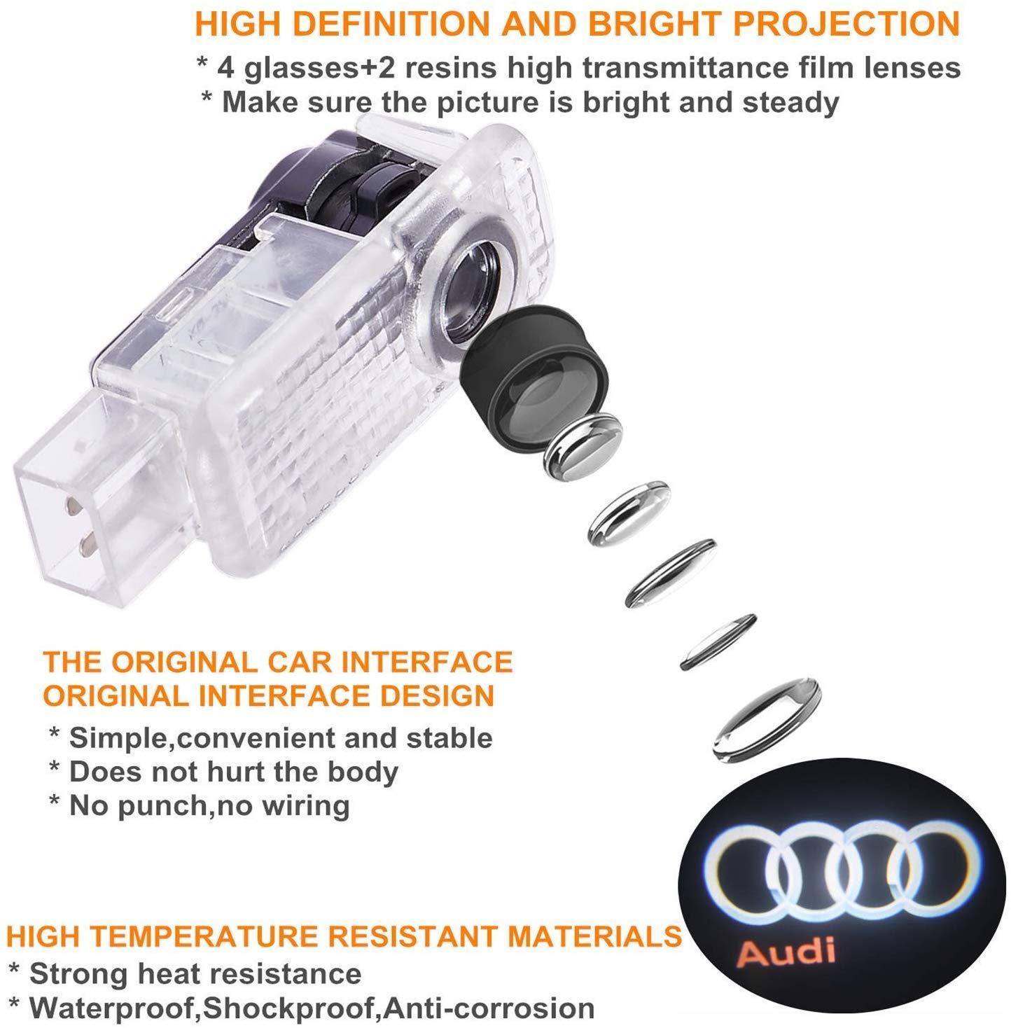 Audi car Accessories Door Logo Led Light Car Door Projector Lights Ghost Shadow Light Audi Puddle Emblem Welcome Lights Reflector For Audi A1 A3 A4 A5 A6 A7 A8 Q3 Q7 R8 TT Auto Accessories Part 4 PCS