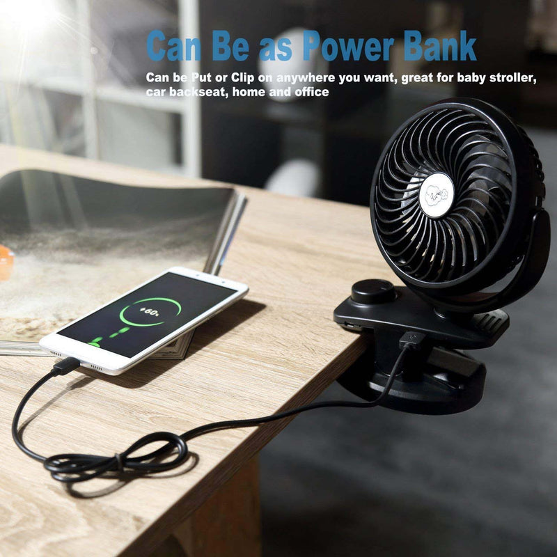 Clip on Fan, Battery Operated Clip on Portable Fan with 4400mAh Power Bank, Rechargeable Battery Personal Cooling Fan for Baby Stroller, 6-32 Hours Working Time, Stepless Regulation, Strong Airflow