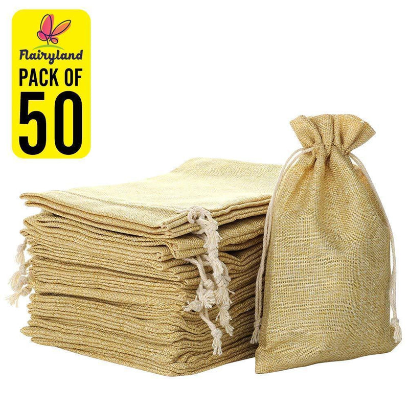 FLAIRYLAND 5" X 8" Natural Linen Burlap Bags with Jute Drawstring for GiftBags Wedding Party Favors Jewelry Pouch, ChristmasBirthday Presents, Snack Sacks and DIY Craft Arts Projects, Lot of 25