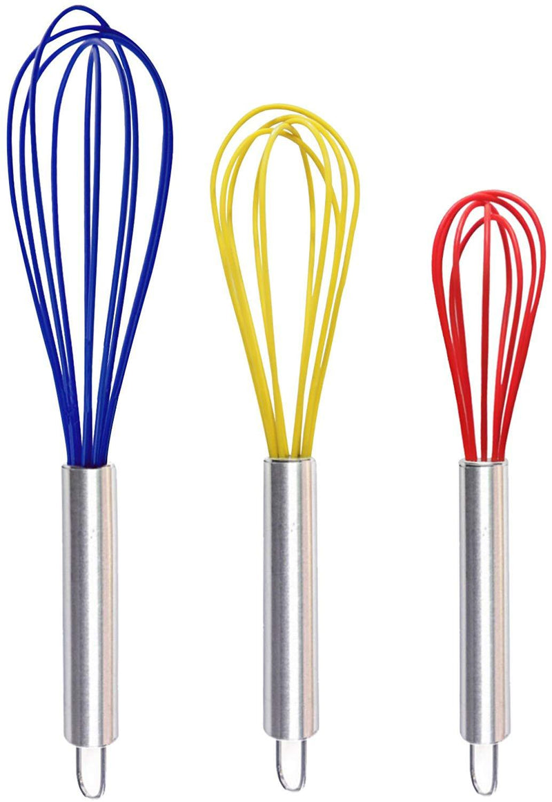 TEEVEA  Silicone Whisk, Balloon Whisk Set, Wire Whisk, Egg Frother, Milk and Egg Beater Blender - Kitchen Utensils for Blending, Whisking, Beating, Stirring, Set of 3, Red,Yellow, Blue