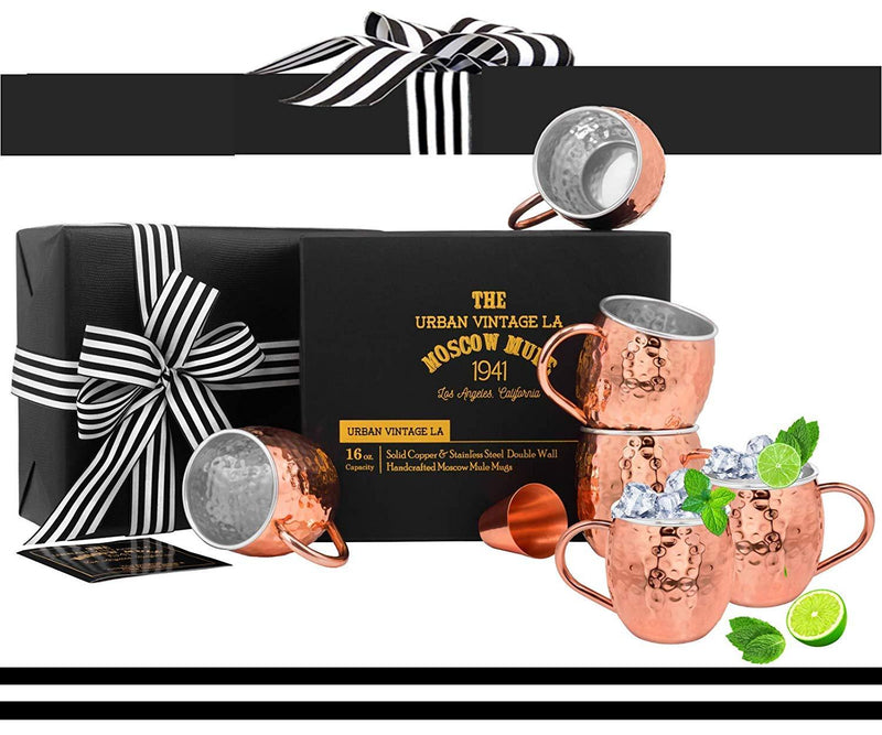 Set of 4 Moscow Mule Copper Mugs with Stainless Steel Lining and Shot Glass in Gift Box, Premium Food Safe Double Wall Heavy Copper Cups for Everyday Use