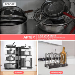 Duerer Pan Rack Organizer, Extensible Pots and Pans Organizer with 4 DIY Methods, 14 Non-Slip Tiers Adjustable Height and Position, Black Metal Pot Pan Rack for Kitchen Cabinet Organizer and Storage