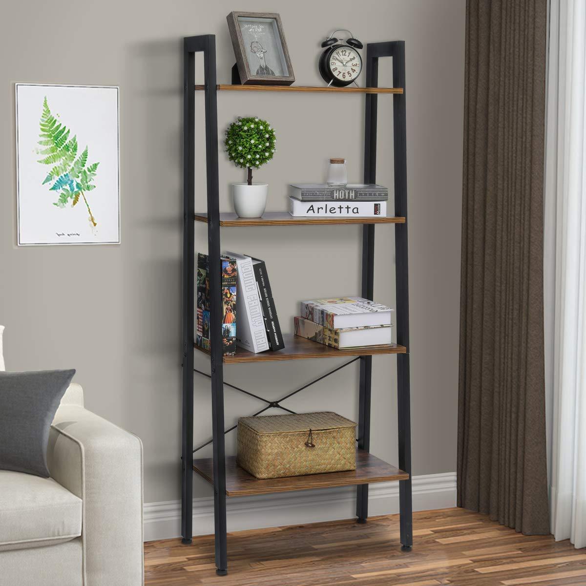 KingSo Industrial Ladder Shelf 4-Tier Shelves Vintage Rustic Storage Rack Shelves, Wood Look Accent Furniture, Metal Frame for Living Room Study Lounge Bedroom Office