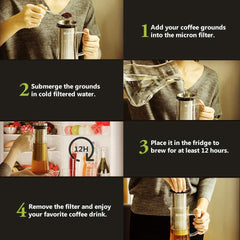 zanmini Cold Brew Coffee Maker, 6 in 1 Glass Infusion Pitcher(1 Quart/32 oz) with 304 Stainless Steel Filter and High-Grade Glass Pitcher for Hot/Cold Coffee, Tea, Fruit, Juice, Milk and Beer