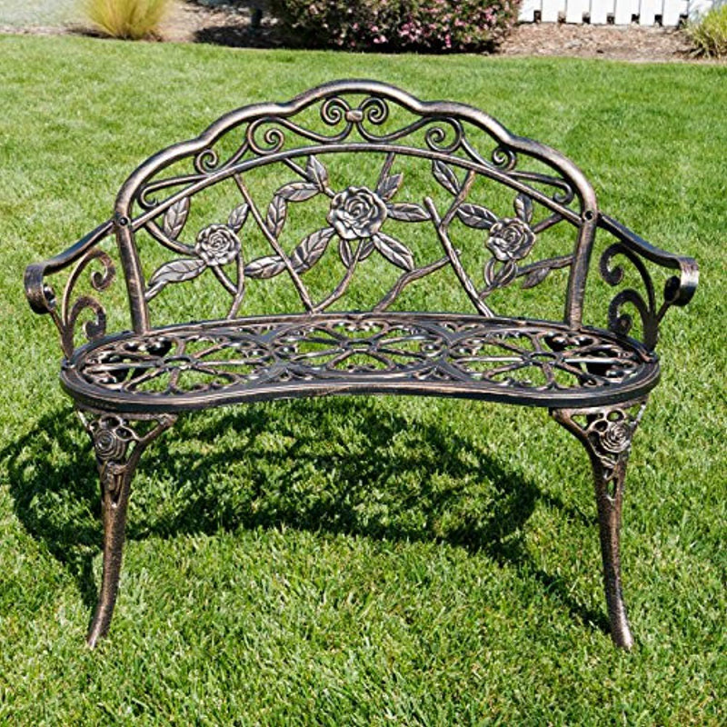 Belleze Antique Designed Rose Style Outdoor Patio Park Garden Bench Bronze Love Seat Cast Iron Backyard Porch Home Pool