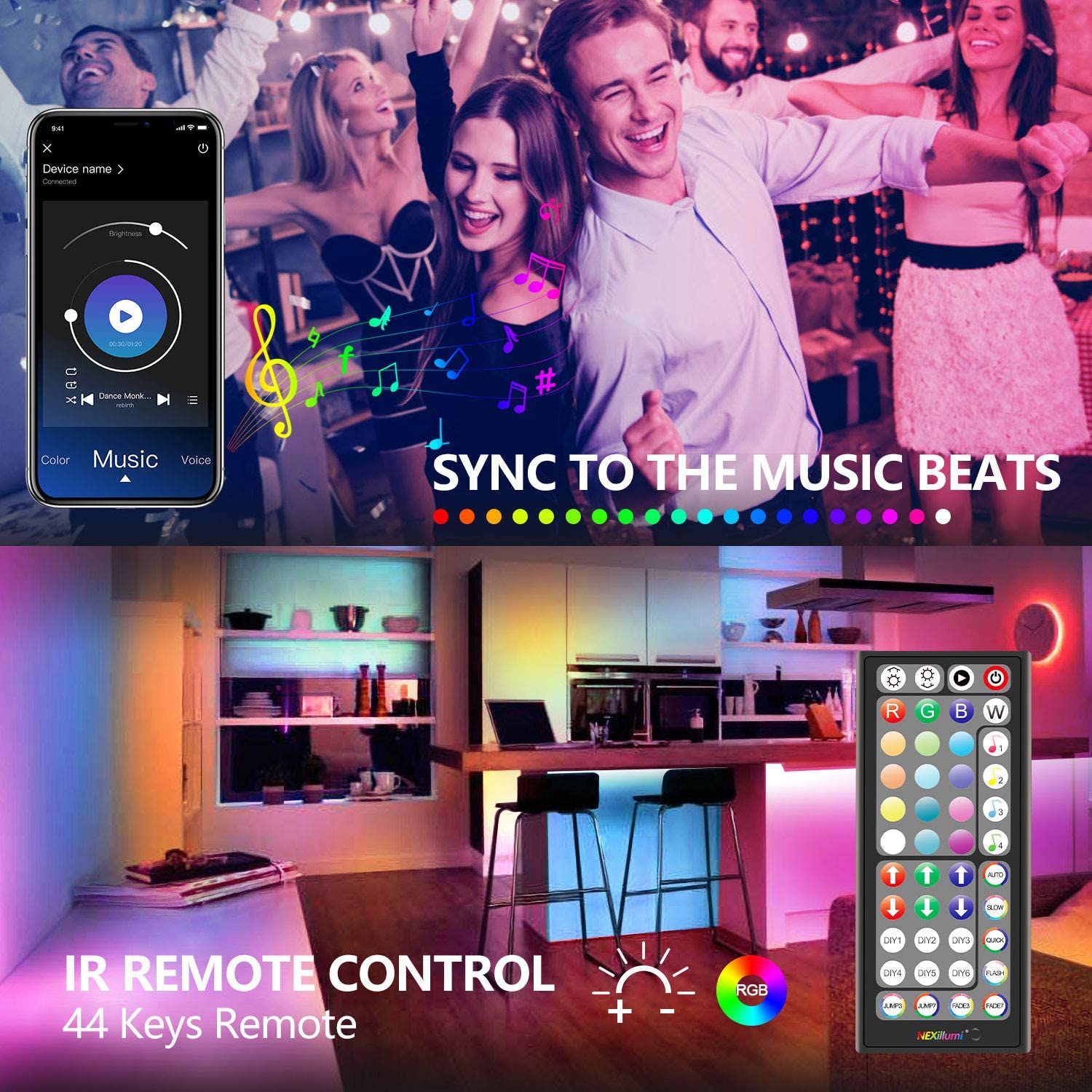 HRDJ 65.6ft LED Lights for Bedroom Music Sync Color Changing RGB LED Strip Rope Lights 44-Key Remote, 5050 RGB LED Light Strips(APP+Remote+Mic+3 Button Switch)