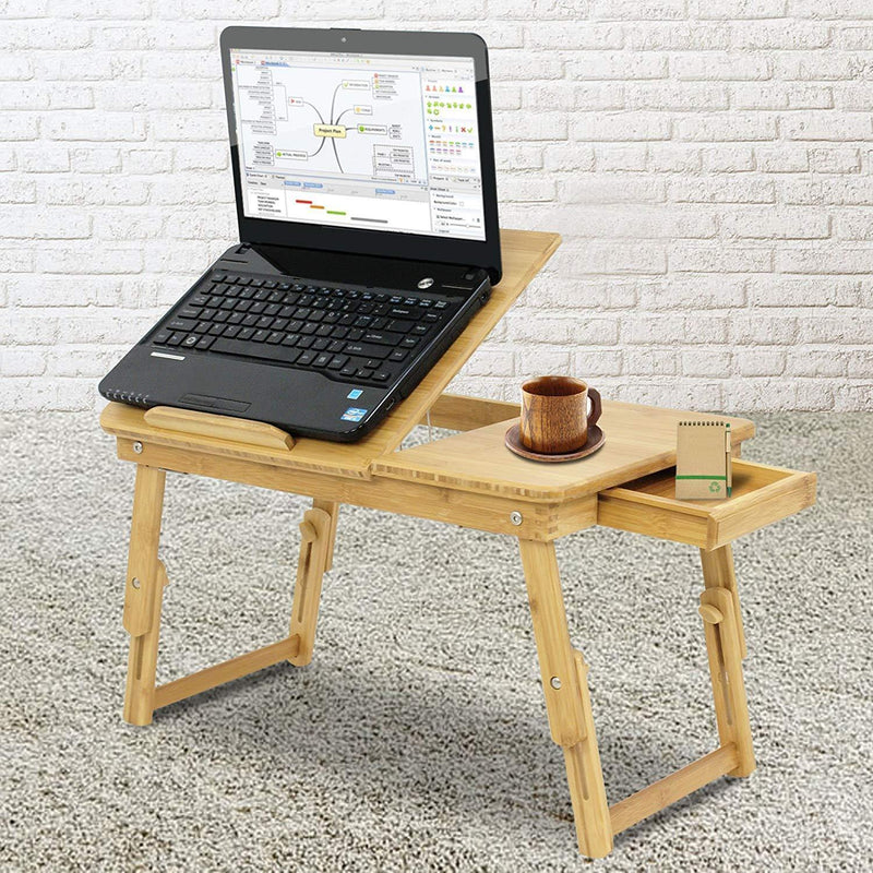 BBBuy 100% Bamboo Adjustable Laptop Table - Foldable Standing Bed Desk - Sofa Breakfast Tray - Notebook Stand Reading Holder for Couch Floor with Storage Drawer