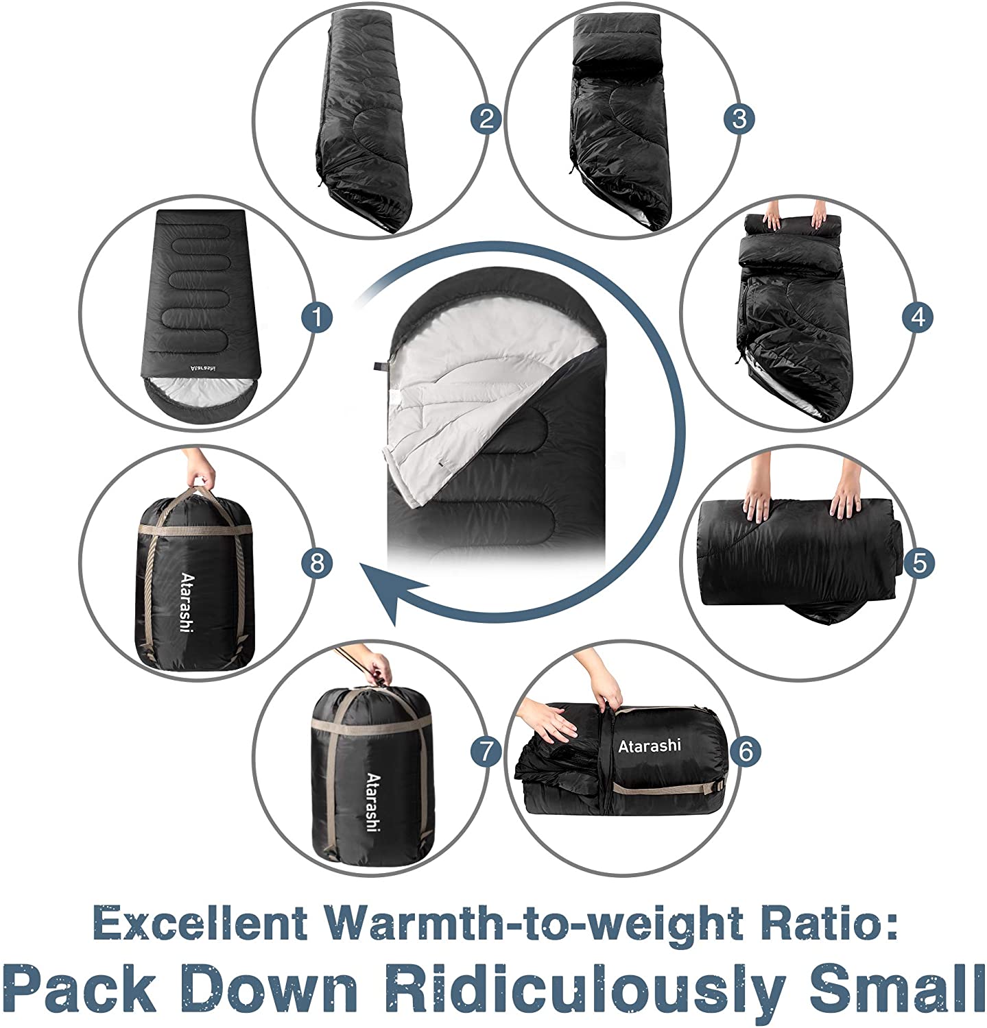 Atarashi Camping Sleeping Bag- 4 Seasons for Adults, Light, Warm, Extra-Large with Compression Sack- Great for Hiking, Backpacking & Outdoor Adventures in Cold Weather