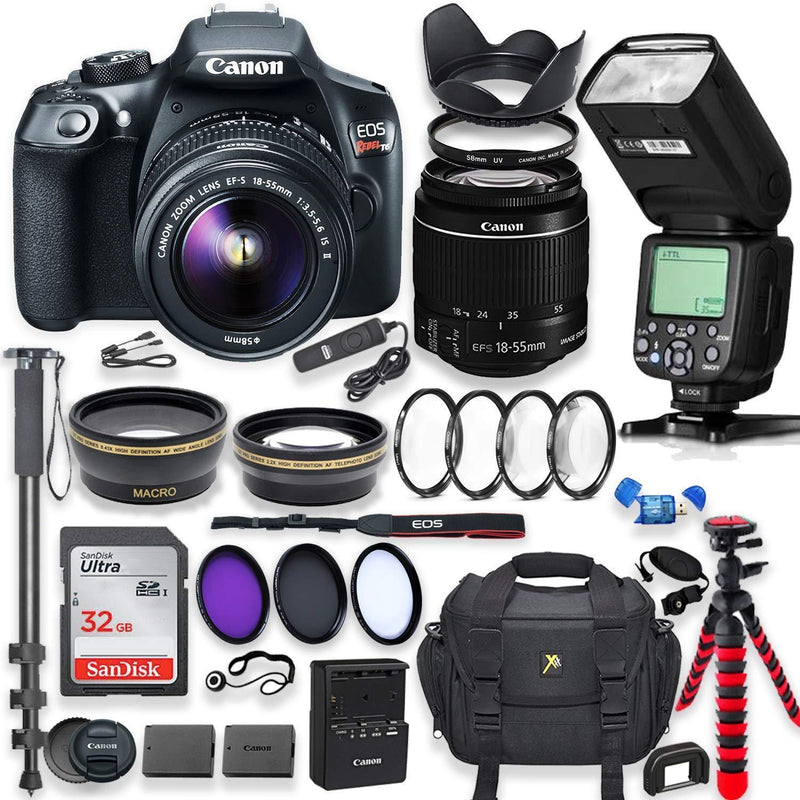 Canon EOS Rebel T6 DSLR Camera with 18-55mm IS II Lens Bundle + Canon EF 75-300mm f/4-5.6 III Lens and 500mm Preset Lens + 32GB Memory + Filters + Monopod + Spider Tripod + Professional Bundle