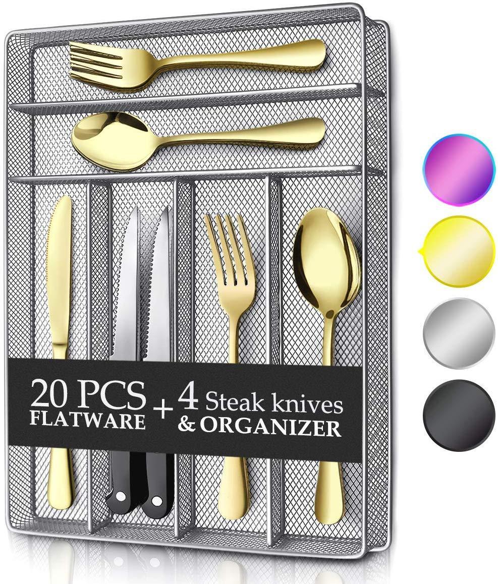KaryHome 24 Piece Silverware Teivio  Set, Flatware Utensils Set Mirror Polished, Dishwasher Safe Service for 4, Include Knife/Fork/Spoon/Steak Knife/Wire Mesh Steel Cutlery Holder Storage Trays (Silver)