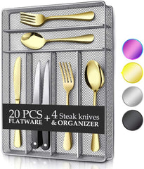 KaryHome 24 Piece Silverware Teivio  Set, Flatware Utensils Set Mirror Polished, Dishwasher Safe Service for 4, Include Knife/Fork/Spoon/Steak Knife/Wire Mesh Steel Cutlery Holder Storage Trays (Silver)