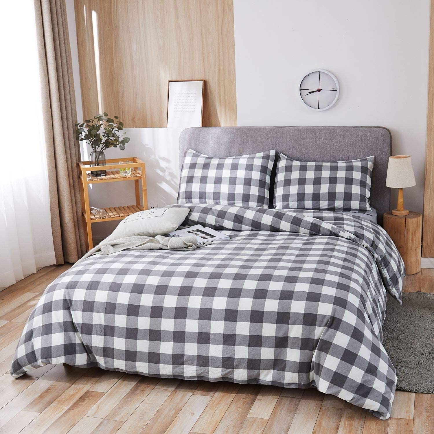 100% Washed Cotton Duvet Cover 3 Piece, Comforter Cover Queen Full Size, Solid Color and Ultra Soft with Zipper Closure, Corner Ties, Simple Bedding Style, Gray by SORMAG