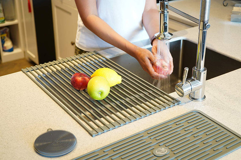 Miligore Multi Purpose Silicone Roll-Up Dish Drying Rack, Mat & Sponge Gift Set. Great for Multiple uses, Such as Washing Your Fruit & Vegetables for drip Drying. Easily drip Dry Dishes etc.