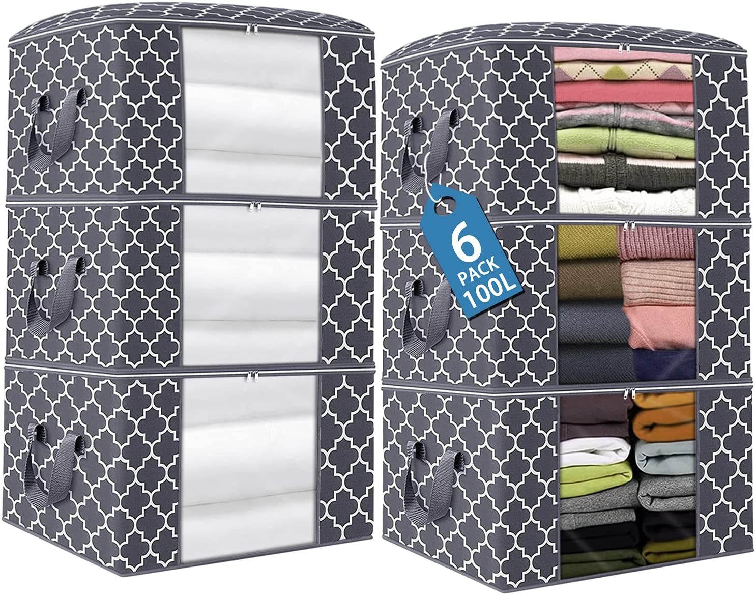 QYQBOON Large Clothes Storage Bags 100L Storage Bins Organizer Clothing Thicken Storage Containers for Comforter Blanket Bedding, Foldable with Reinforced Handle, Clear Window, Sturdy Zippers, 3 Pack