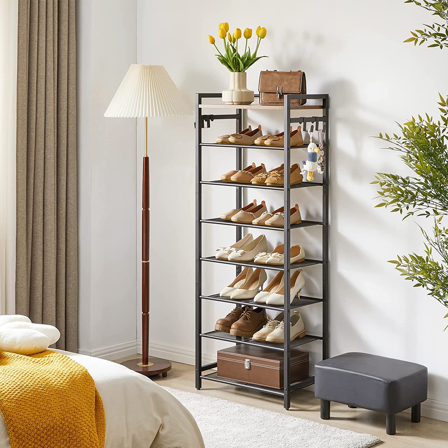 QYQBOON Shoe Storage Organiser, Shoe Rack, 8 Tiers for 14 Pairs of Shoes, 53x30x135cm, Versatile Metal Shelves with 4 Hooks, Space Saver, for Hallway, Bedroom, Living Room, Rustics Brown, TXJ081H