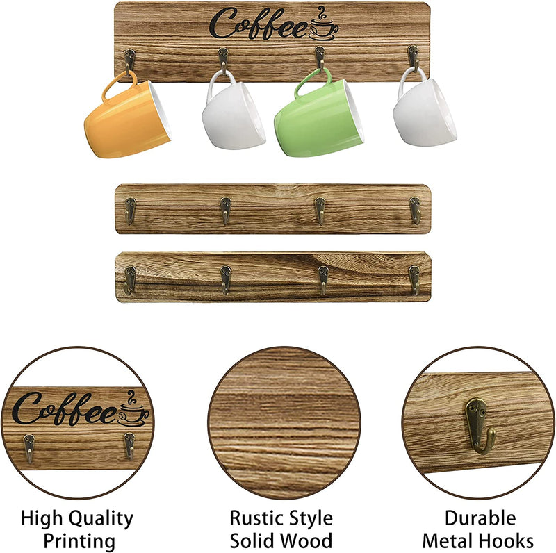 LADESIGGN Set of 3 Coffee Cup Holder, Vintage Coffee Cup Organizer with 12 Hooks, Coffee Bar Organizer Wall Mounted with Coffee Sign, Kitchen Display Coffee Bar Accessories Coffee Bar Decor