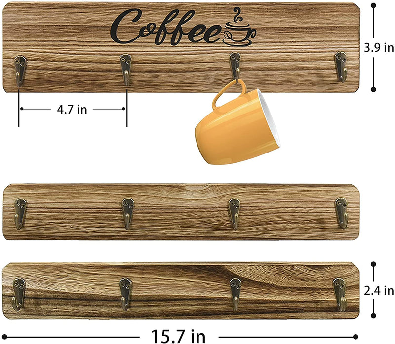 LADESIGGN Set of 3 Coffee Cup Holder, Vintage Coffee Cup Organizer with 12 Hooks, Coffee Bar Organizer Wall Mounted with Coffee Sign, Kitchen Display Coffee Bar Accessories Coffee Bar Decor