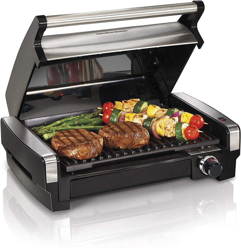 Electric Indoor Searing Hethtec Grill with Viewing Window and Removable Easy-to-Clean Nonstick Plate, 6-Serving, Extra-Large Drip Tray, Stainless Steel