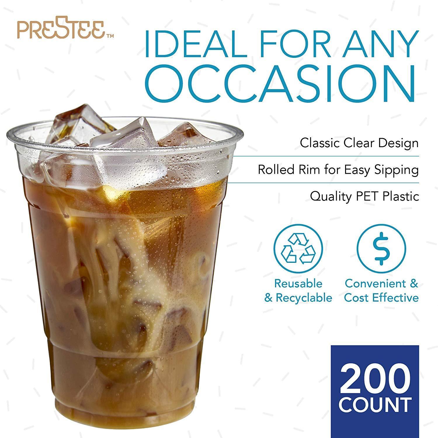 PRESTEE  200 Clear Plastic Cups | 16 oz Plastic Cups | Clear Disposable Cups | PET Cups | Plastic Water Cups | Plastic Beer Cups | Clear Plastic Party Cups |Crystal Clear Cups
