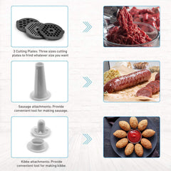 Baulia MG806 Electric Grinder for Home Use, 3 Cutting Blades & Stuffing Tubes, Stainless Steel Meat Mincer for Making Sausages, Chopped Liver, Size #10, Silver