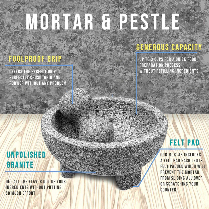 Granite Mortar and Pestle Set guacamole bowl Molcajete 8 Inch - Natural Stone Grinder for Spices, Seasonings, Pastes, Pestos and Guacamole - Extra Bonus Avocado Tool Included