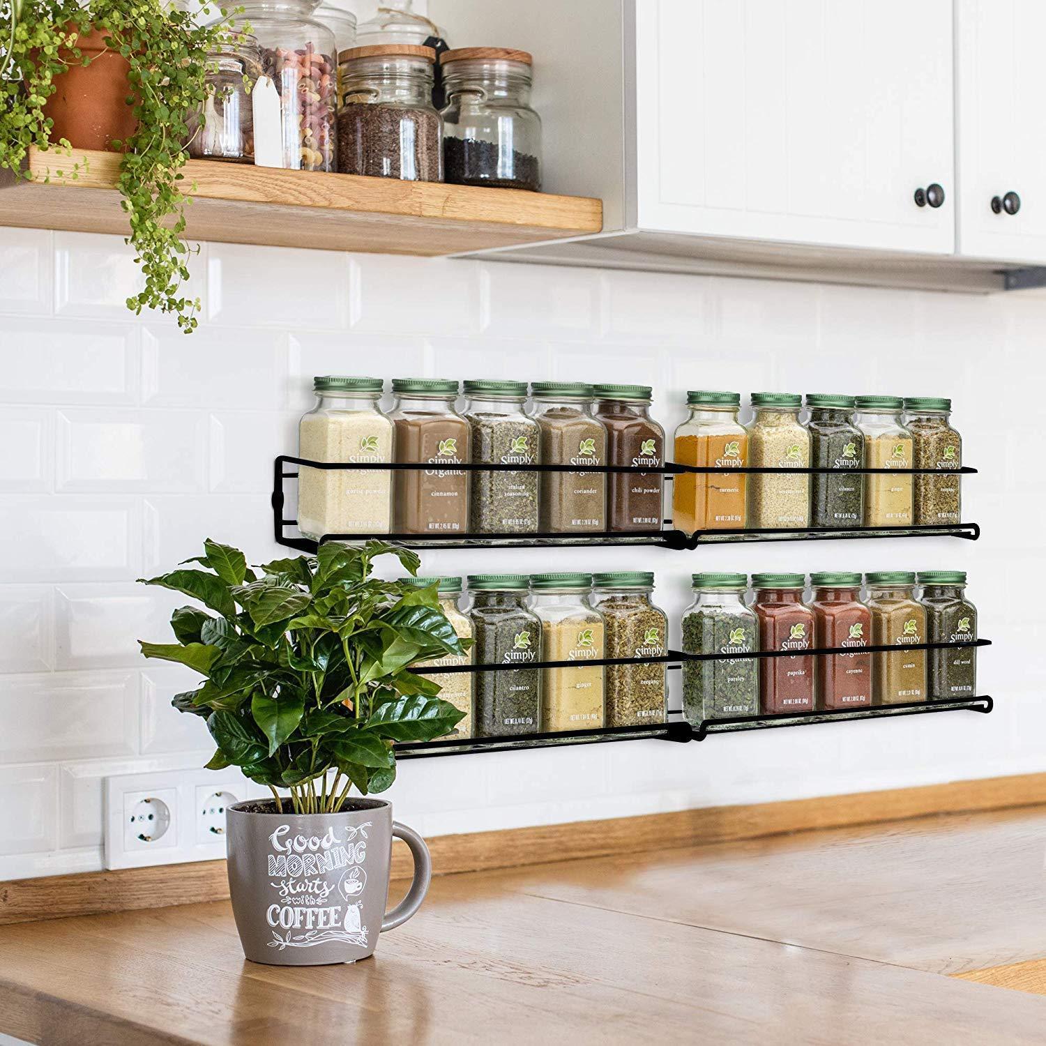 URFORESTIC Spice Rack Organizer for Cabinet, Door Mount, or Wall Mounted - Set of 4 Black Hanging Shelf for Spice Jars