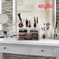 Acrylic Vanity Makeup Cosmetic Organizer -16 slot 4 box drawer storage organizers for make up brushes lipstick lipgloss brush palette! Countertop organization holder for bathroom & bedroom accessories