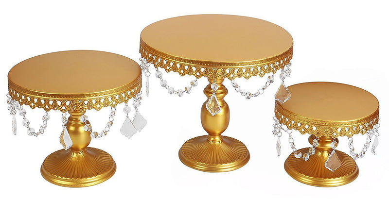 VILAVITA 3-Set Antique Cake Stand Round Cupcake Stands Metal Dessert Display with Pendants and Beads, Gold