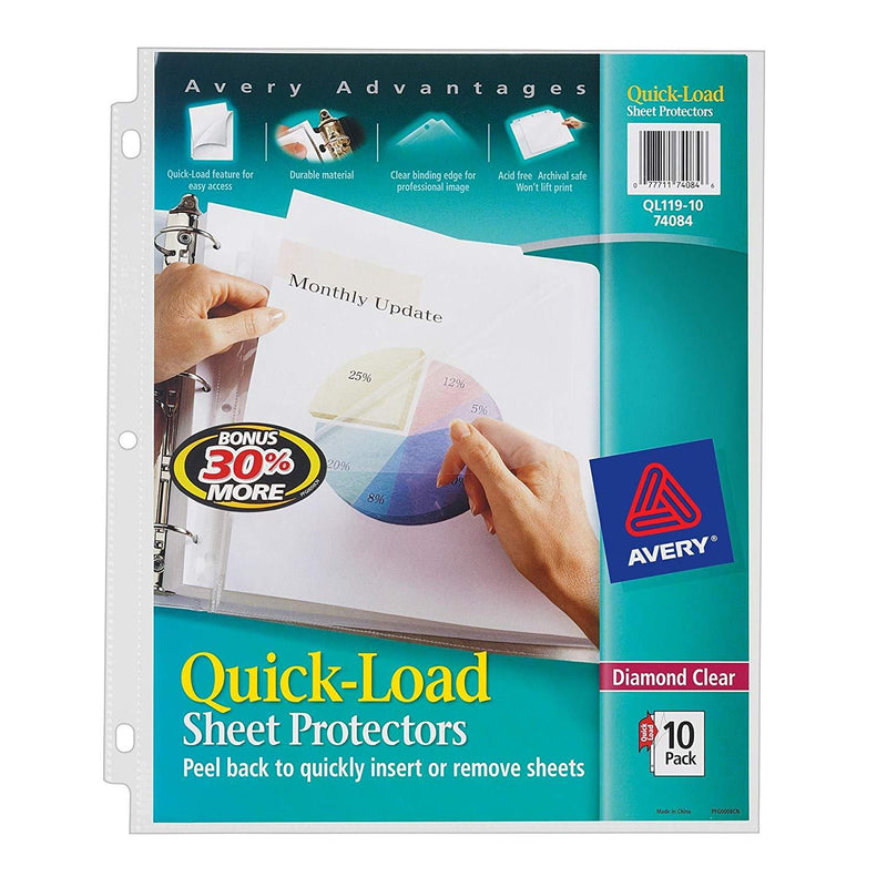 Avery Quick-Load Sheet Protectors, Top-Load, Heavyweight, Diamond Clear, Polypropylene, 8.5 x 11 Inches, Pack of 10 (74084)