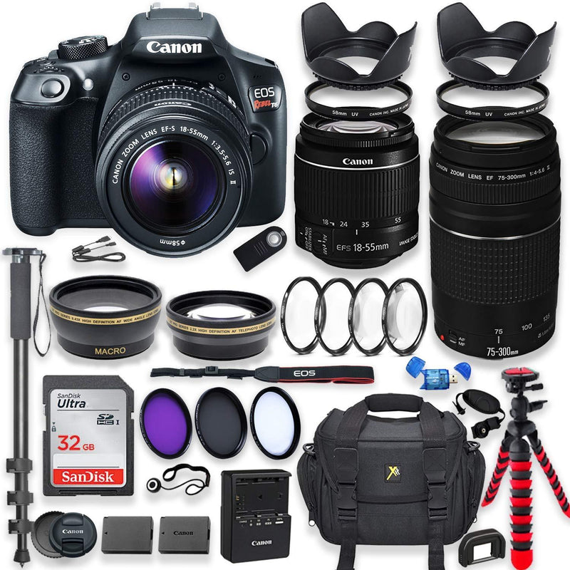 Canon EOS Rebel T6 DSLR Camera with 18-55mm IS II Lens Bundle + Canon EF 75-300mm f/4-5.6 III Lens and 500mm Preset Lens + 32GB Memory + Filters + Monopod + Spider Tripod + Professional Bundle