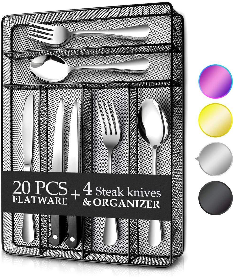 KaryHome 24 Piece Silverware Teivio  Set, Flatware Utensils Set Mirror Polished, Dishwasher Safe Service for 4, Include Knife/Fork/Spoon/Steak Knife/Wire Mesh Steel Cutlery Holder Storage Trays (Silver)