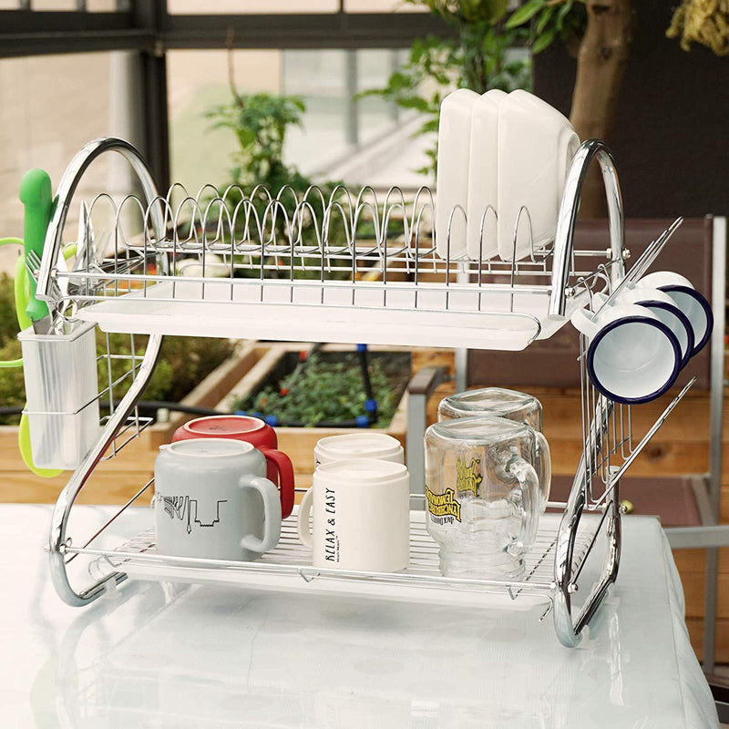 Brankeys Dish Drying Rack - 2 Tier Metal Drying Rack With Utensil Holder, Kitchen Dish Drainer and Cutting Board Holder for Kitchen Counter Top, Stylish Drying Rack for Dishes