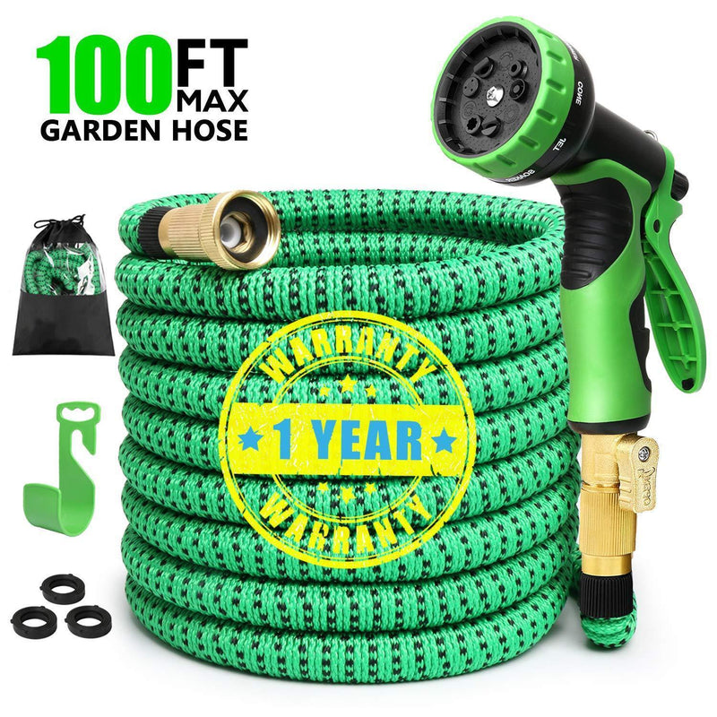 Expandable Garden Hose, 100 FT Lightweight Water Hose, 9 Functions Sprayer with Double Latex Core, Green Black Expandable Hose with 3/4" Solid Brass Fittings, Extra Strength Fabric