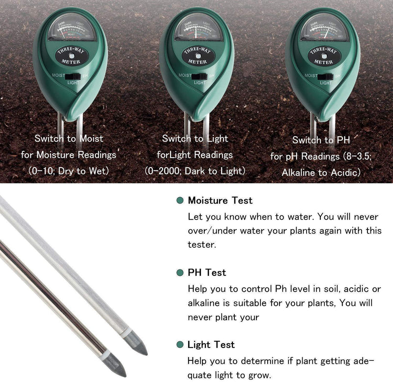 Soil Test Kit,Besmon 3-in-1 Soil Ph Meter，Soil Moisture Meter Indoor/Outdoor Plant Care Soil Tester Light and PH MeterFor Plant