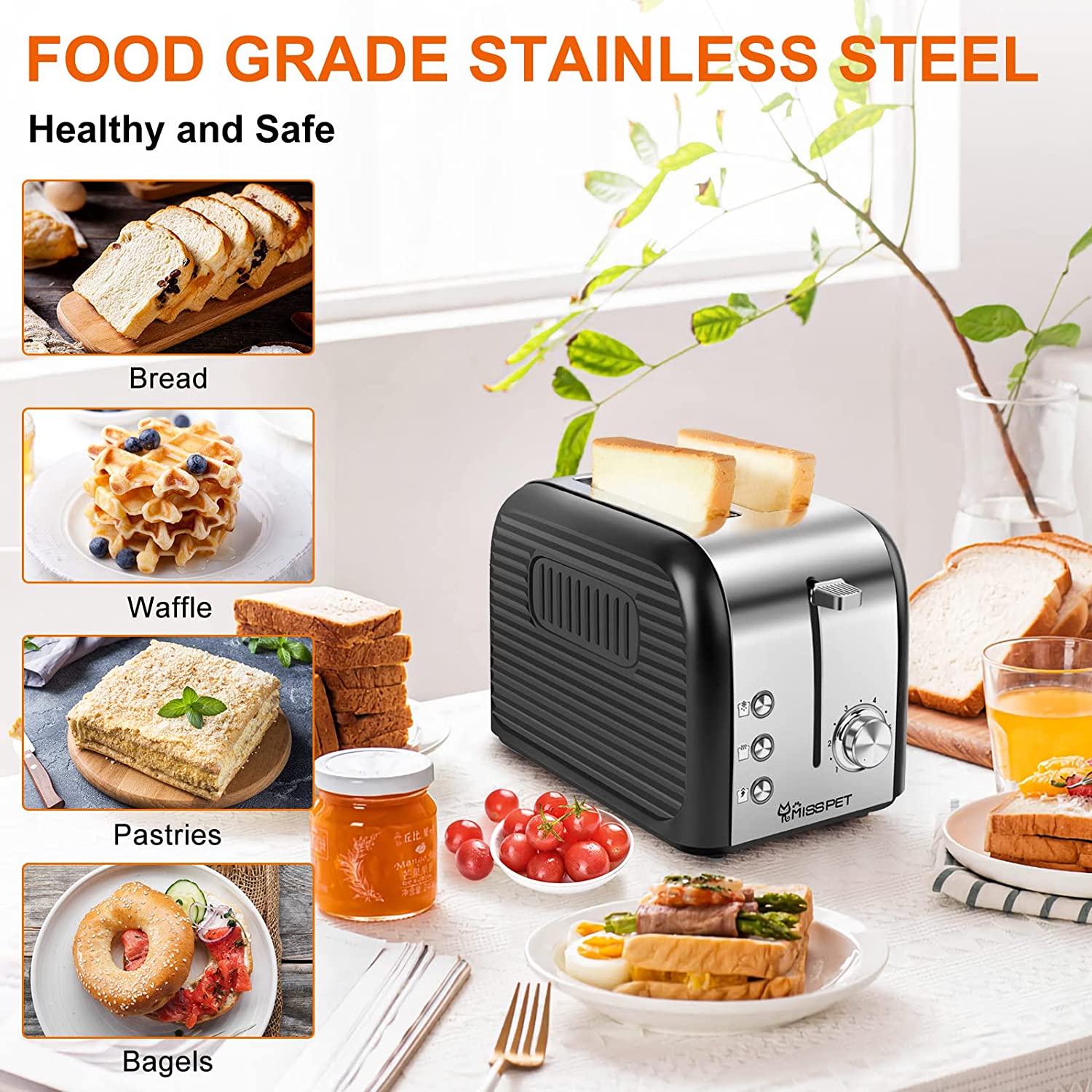 Abosi Toaster 2 Slice Wide Slot Abosi Small Retro Stainless Steel Toaster with Defrost/Warm Up/Stop Function,Mini Compact Bread Toasters,6 Shade Settings,Removable Crumb Tray,Black