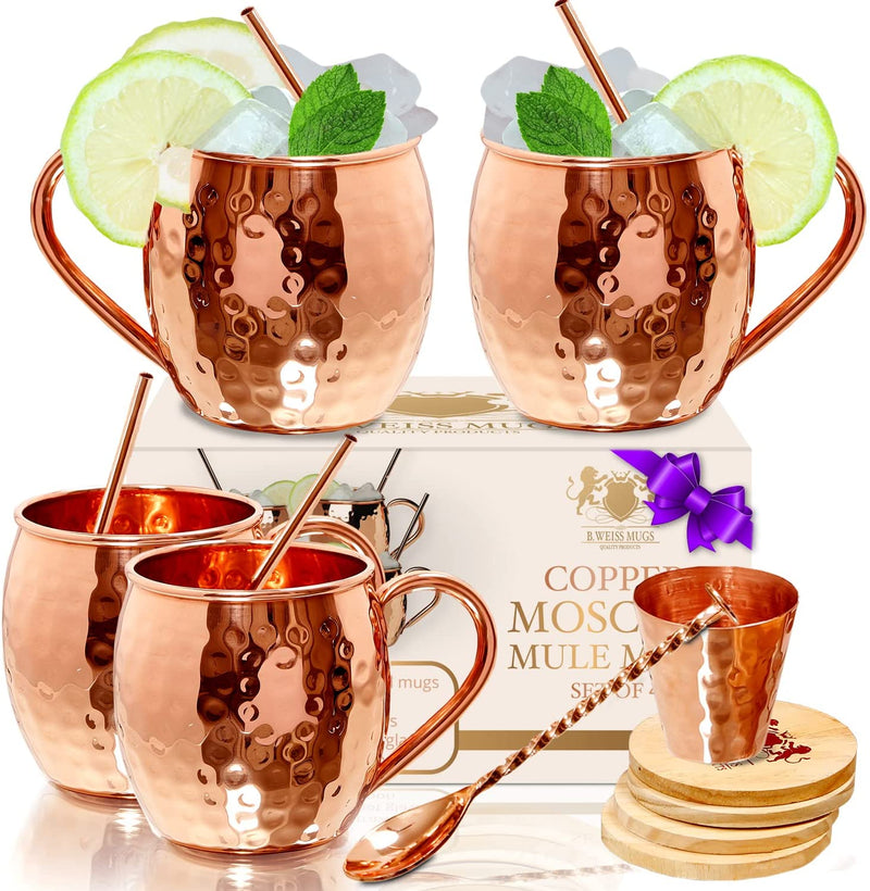 B. WEISS Moscow Mule Copper Mugs 100% Pure Copper, Premium Quality Set Of 4 Copper Mugs 16 Oz Solid Copper cups+JIGGER+STRAWS+COASTERS+SPOON -HANDCRAFTED- Food Safe- Gift Set