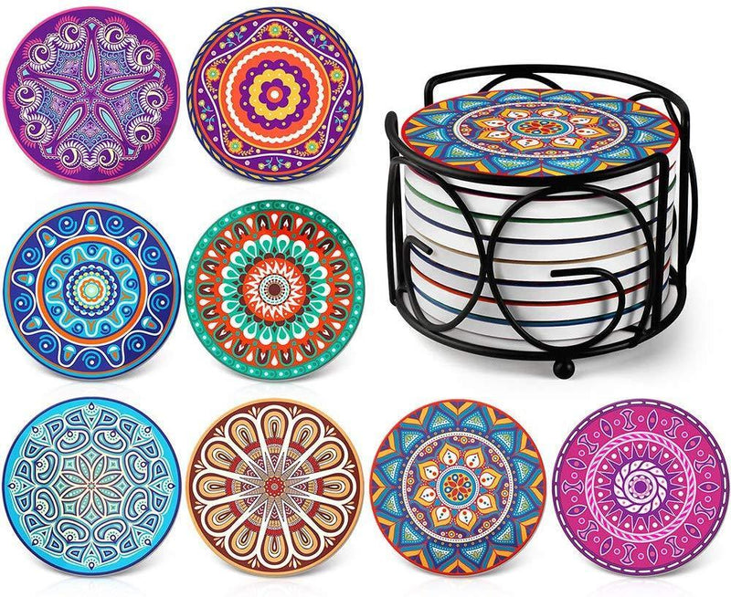 Absorbing Stone Mandala Coasters for Drinks by Teivio - Cork Base, with Holder, Unique Present for Friends, Men, Women, Funny Birthday Housewarming Gifts, Apartment Kitchen Room Bar Decor, Set of 8