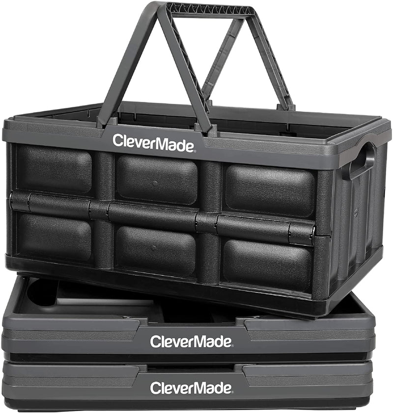 CleverMade Collapsible Plastic Storage Bins with Handles - Multi-Use Stackable Folding Crates for Home and Garage Organization - 32L CleverCrates - Pack of 3, Charcoal