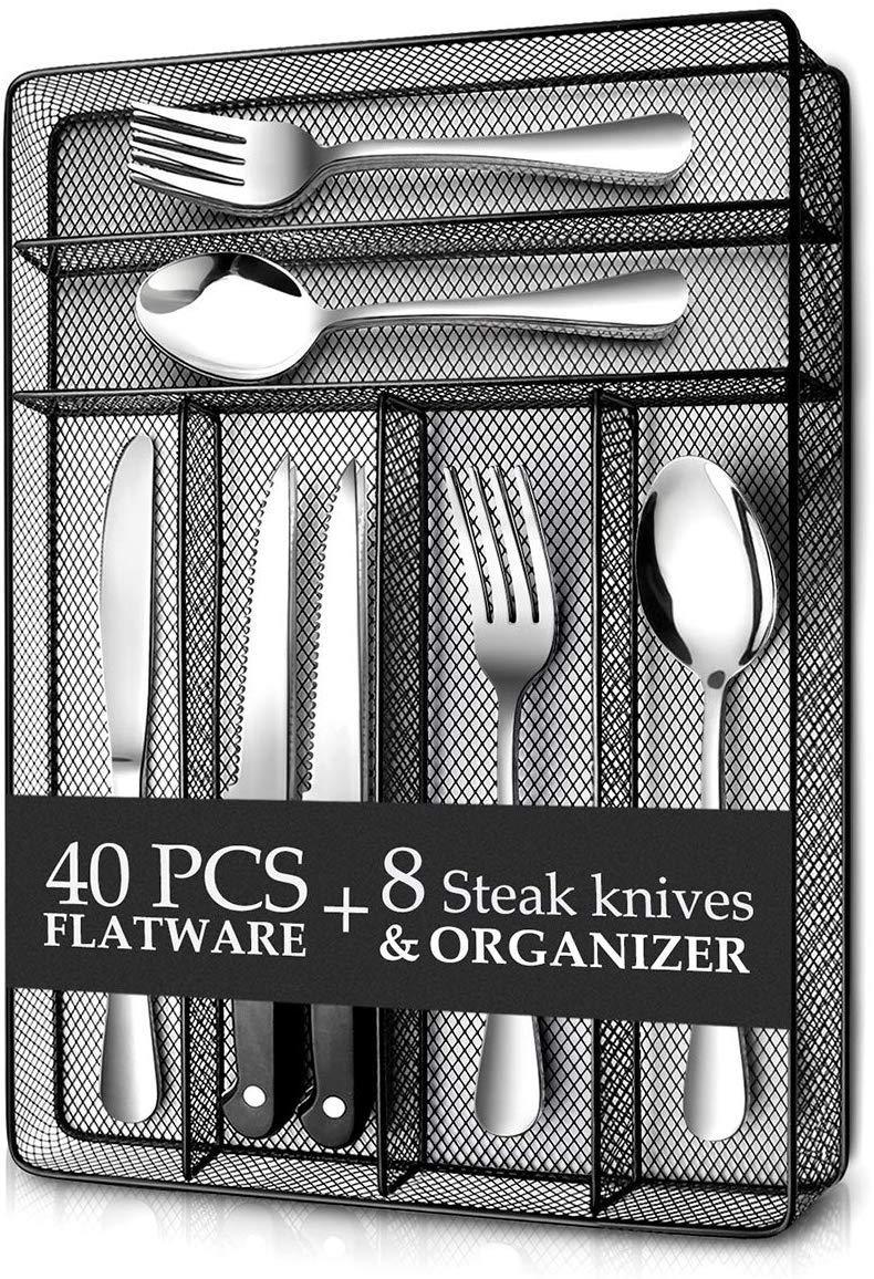 KaryHome 24 Piece Silverware Teivio  Set, Flatware Utensils Set Mirror Polished, Dishwasher Safe Service for 4, Include Knife/Fork/Spoon/Steak Knife/Wire Mesh Steel Cutlery Holder Storage Trays (Silver)