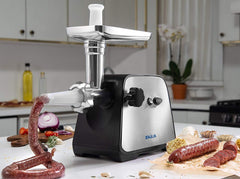 Baulia MG806 Electric Grinder for Home Use, 3 Cutting Blades & Stuffing Tubes, Stainless Steel Meat Mincer for Making Sausages, Chopped Liver, Size #10, Silver