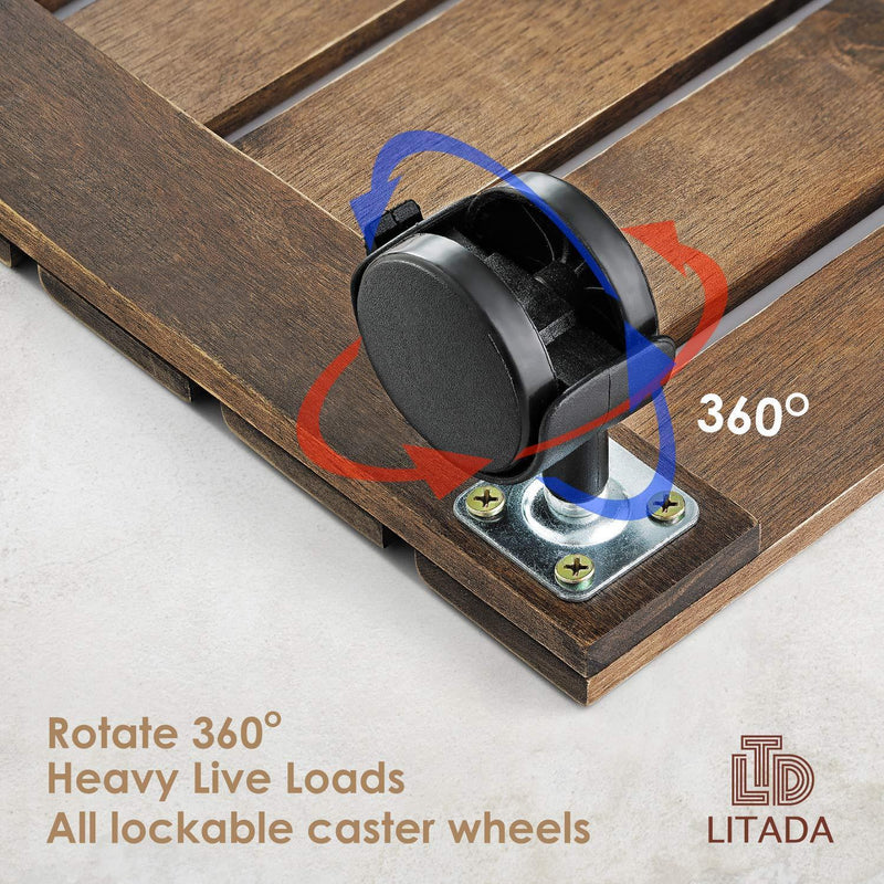 LITADA Wood Plant Caddy Heavy Duty, 12 inch Square Plant Roller with Lockable Caster Wheels, Outdoor Caddy Indoor Plant Dolly (2 Pcs)