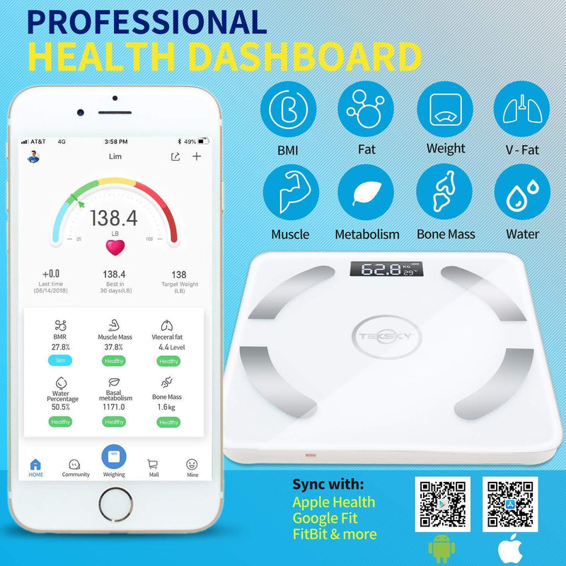 TekSky Smart Body Fat Scale, Wireless Body Composition Monitor with Bluetooth iOS and Android App - Body Fat, Water, Muscle, BMI Analyzer - Max 400 lbs