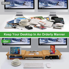 BEEBO BEABO Bamboo Dual Monitor Stand Riser Desk Organizer, Adjustable Length and Angle, Multifunctional Storage Stand for Computer, Laptop, TV with Slot for Tablet, Phone, Earbuds, Pen