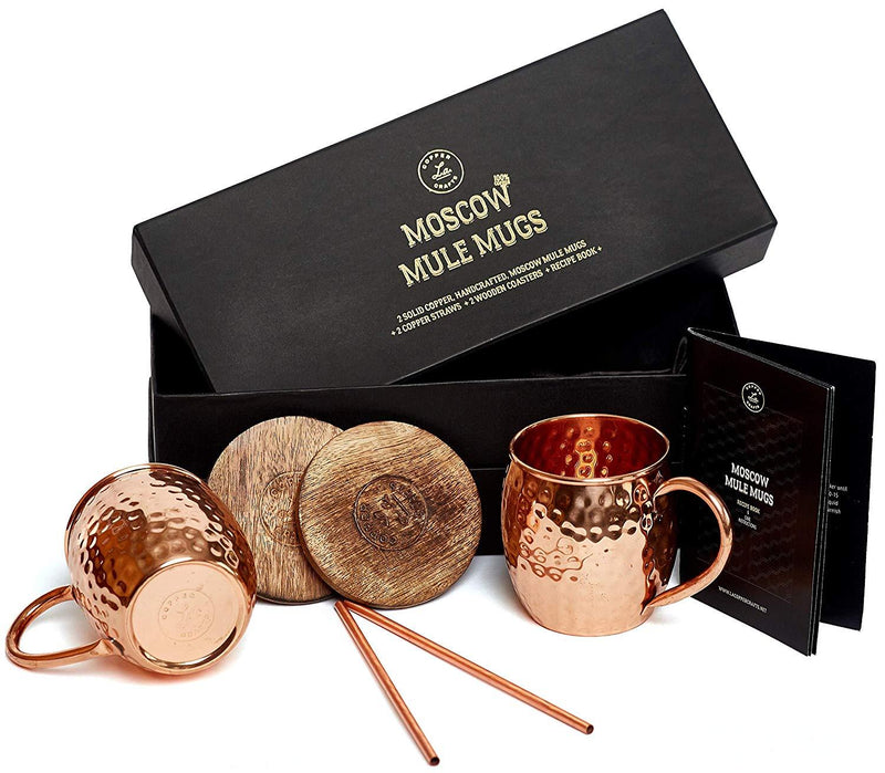 Moscow Mule Copper Mugs Set - 2 Authentic Handcrafted Copper Mugs (16 oz.), 2 Straws, 2 Solid Wood Coasters and Recipe Book - Gift Box Included
