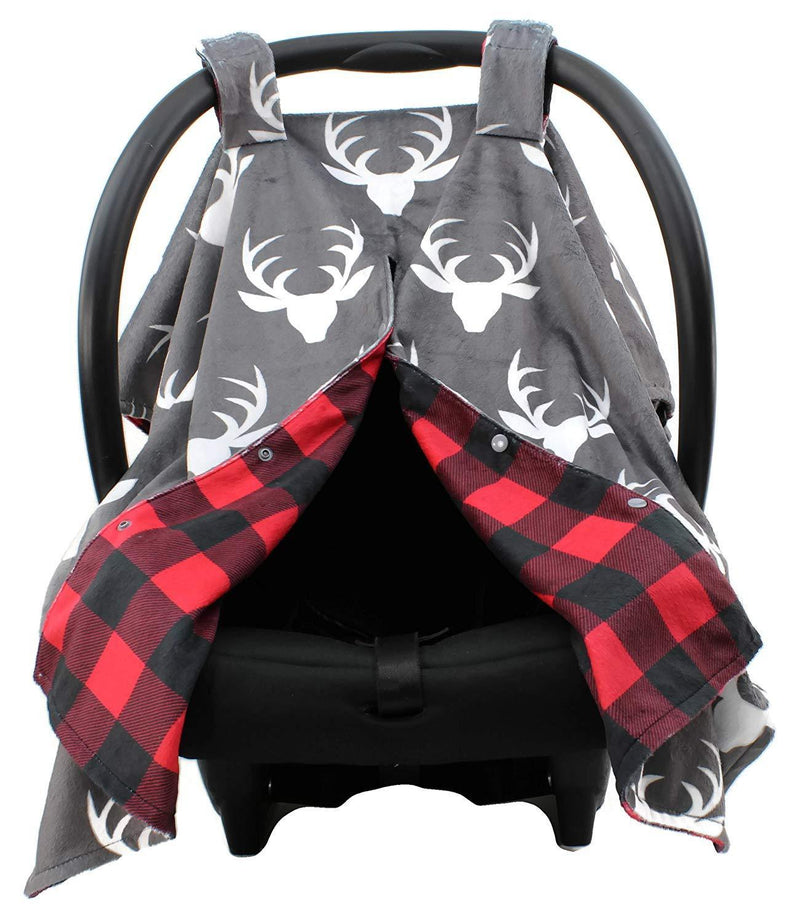 Dear Baby Gear Deluxe Reversible Baby Blankets, Custom Minky Print White Antlers, Red and Black Buffalo Plaid Minky